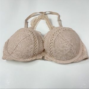 Dream Angels Victorias Secret 34D Pushup Bra Beige Floral Lace Front Close #0692